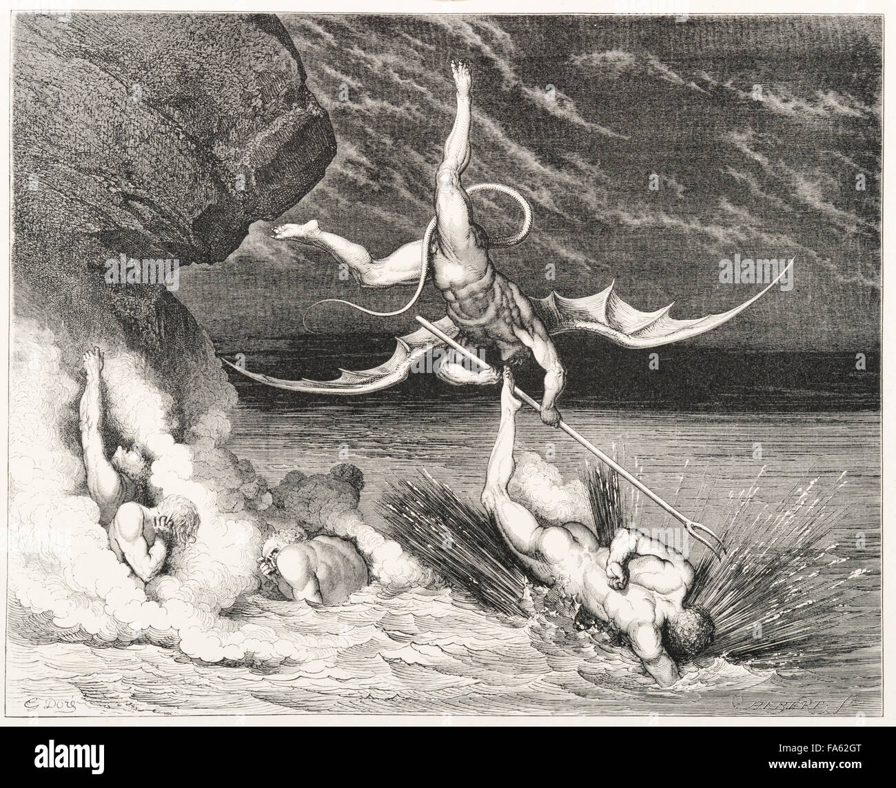 L'Inferno (la Vision de l'Enfer) par le 13c poète italien Dante Alighieri, illustré par le 19c artiste français Gustave Doré. Le huitième cercle de l'enfer, où la fraude est puni. Les pécheurs sont jetés dans un lac de la poix bouillante ou de goudron. (Canto XXII, lignes 125-126) Banque D'Images