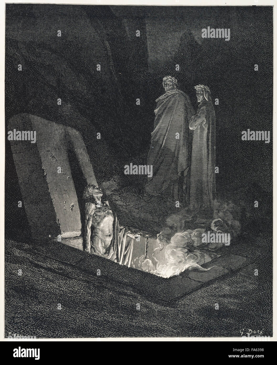 L'Inferno (la Vision de l'Enfer) par le 13c poète italien Dante Alighieri, illustré par le 19c artiste français Gustave Doré. Le sixième Cercle de l'enfer, où l'hérésie est punie. (Canto X, lignes 40-42) Banque D'Images