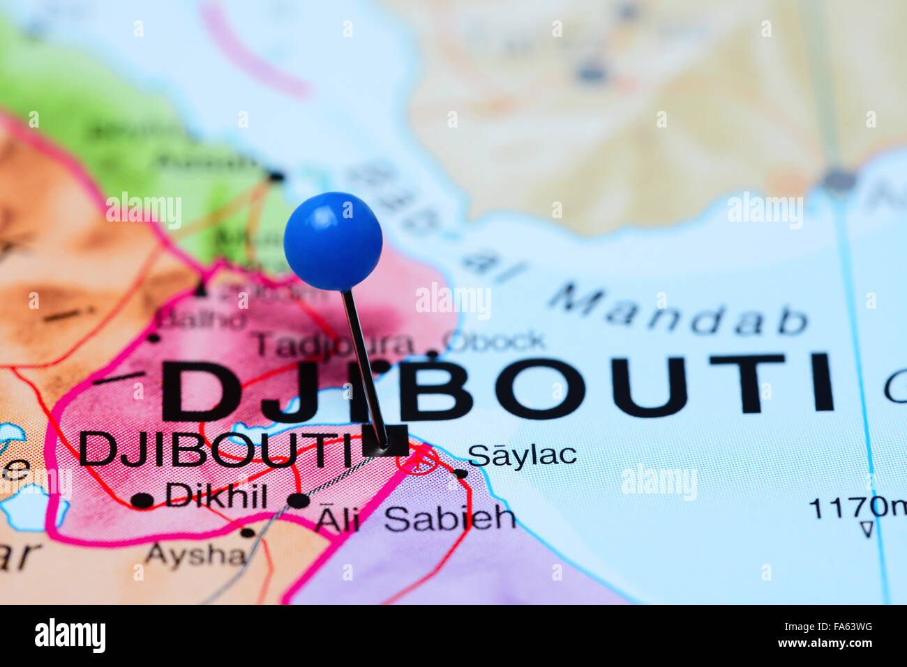 Djibouti épinglée sur une carte de l'Afrique Banque D'Images