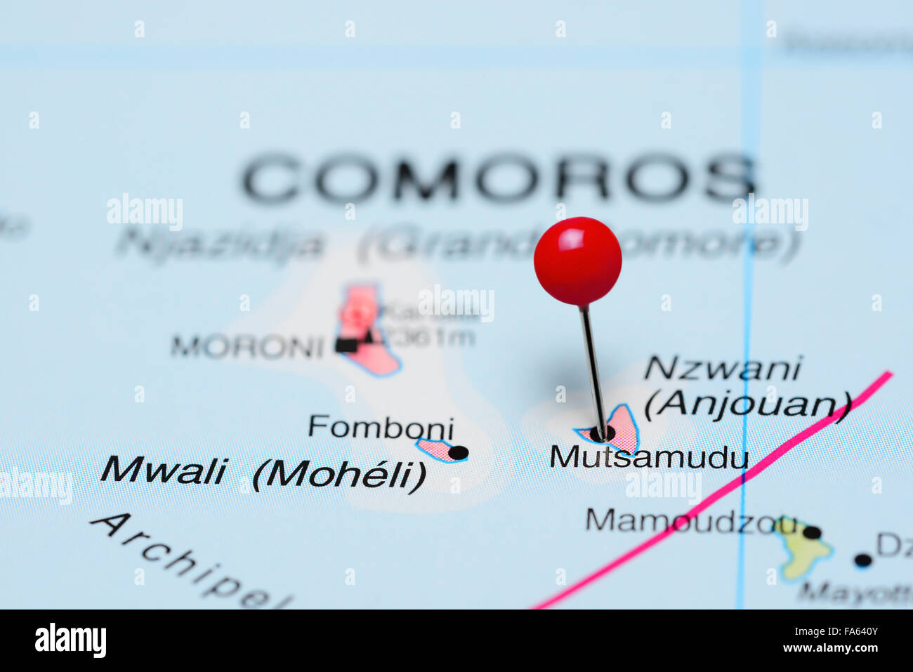 Mutsamudu épinglée sur une carte de l'Afrique Banque D'Images