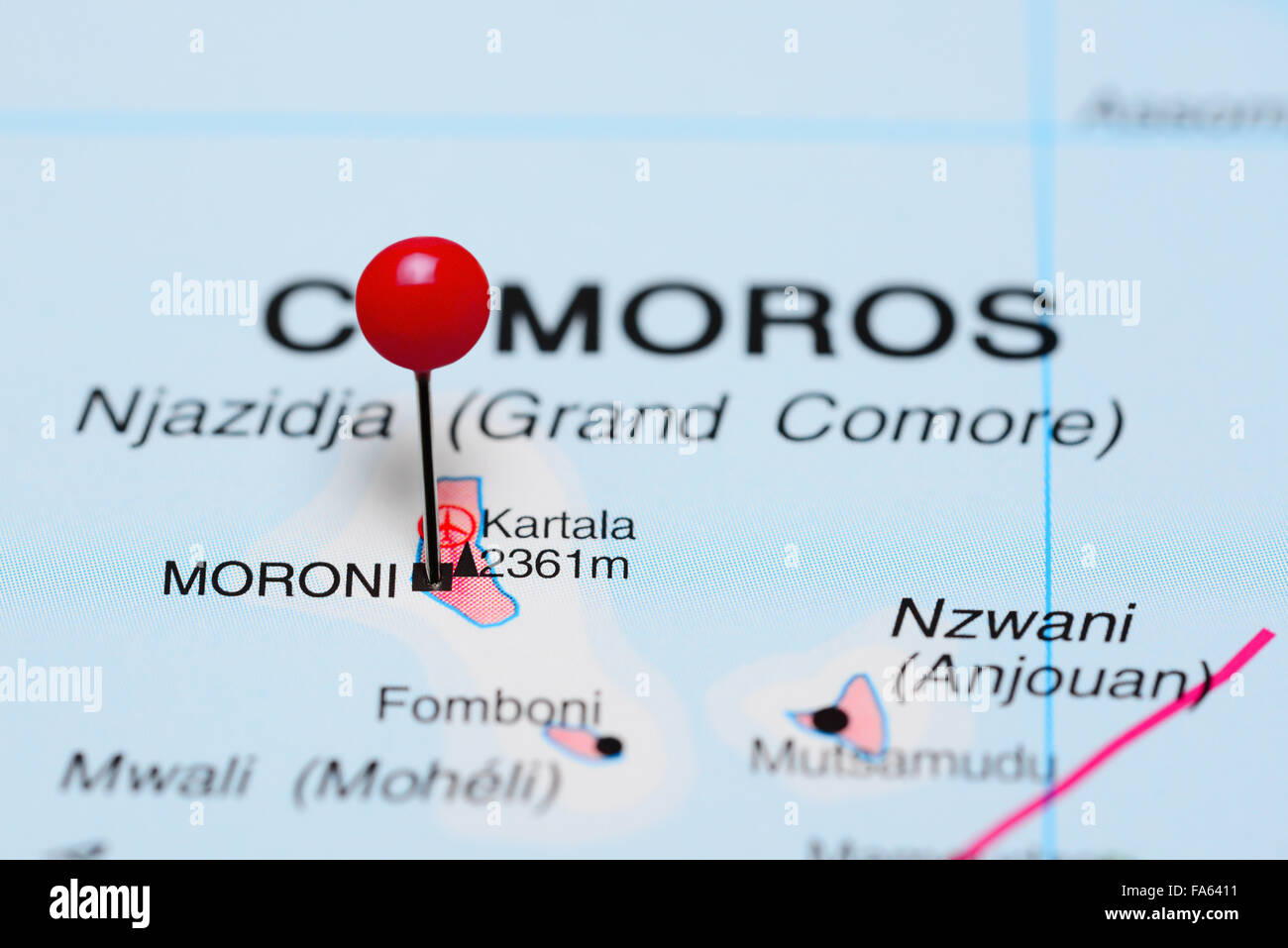 Moroni épinglée sur une carte de l'Afrique Banque D'Images