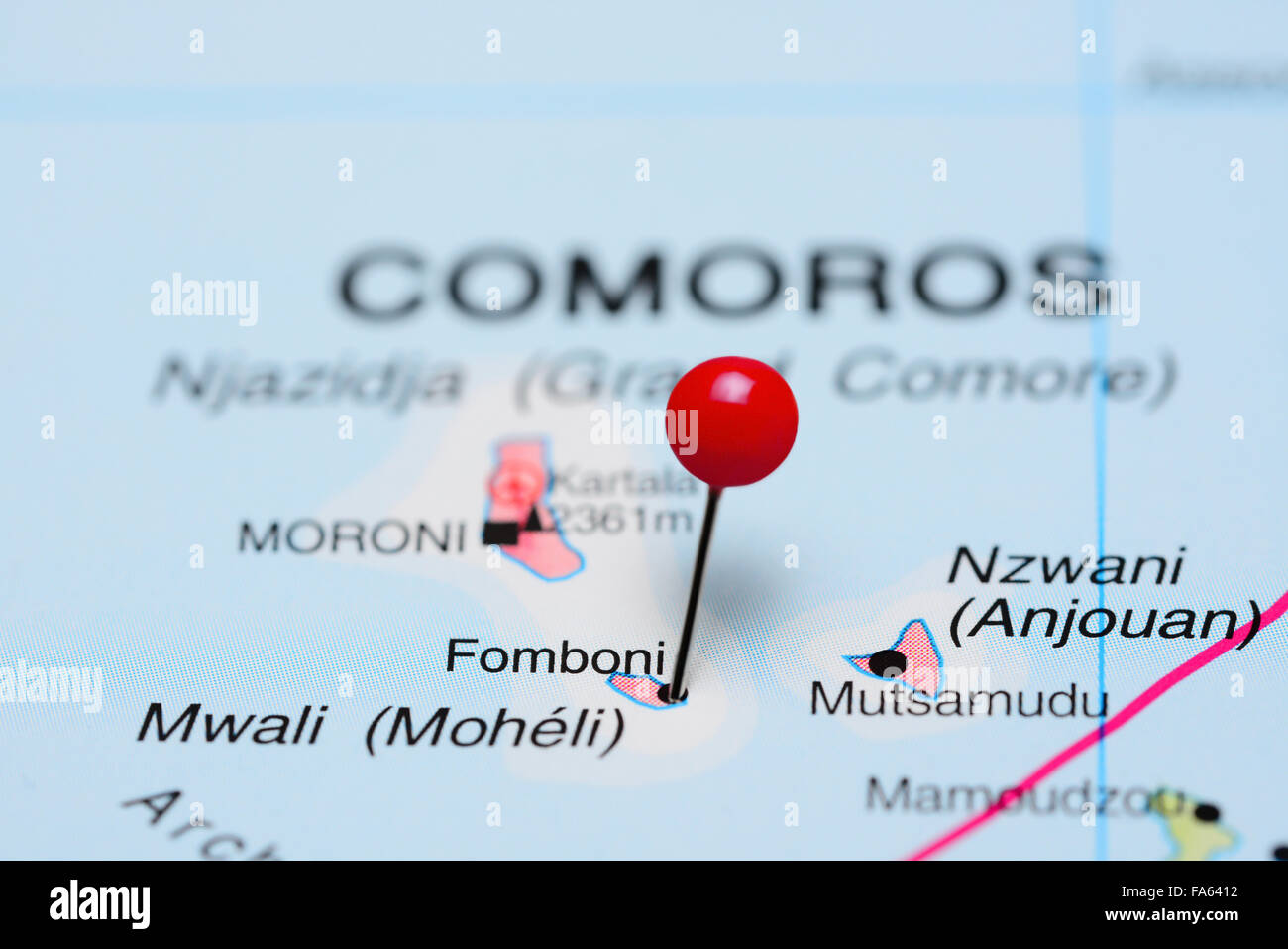 Fomboni épinglée sur une carte de l'Afrique Banque D'Images