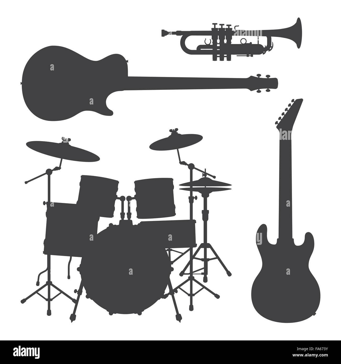 Vector guitare basse batterie trompette guitare electro set illustration  silhouettes gris foncé Image Vectorielle Stock - Alamy