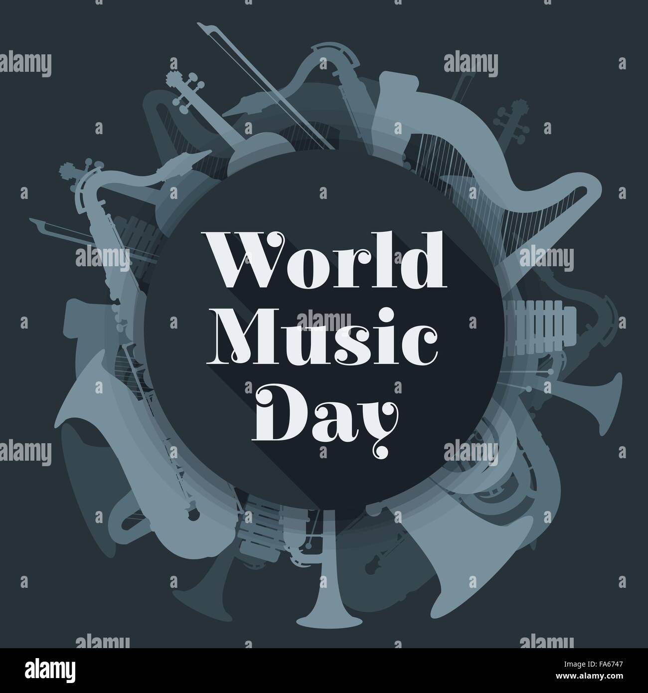 Vector design plat fête de la musique illustration affiche arrondi harpe tuba saxophone trompette violon xylophone couleur gris foncé retour Illustration de Vecteur