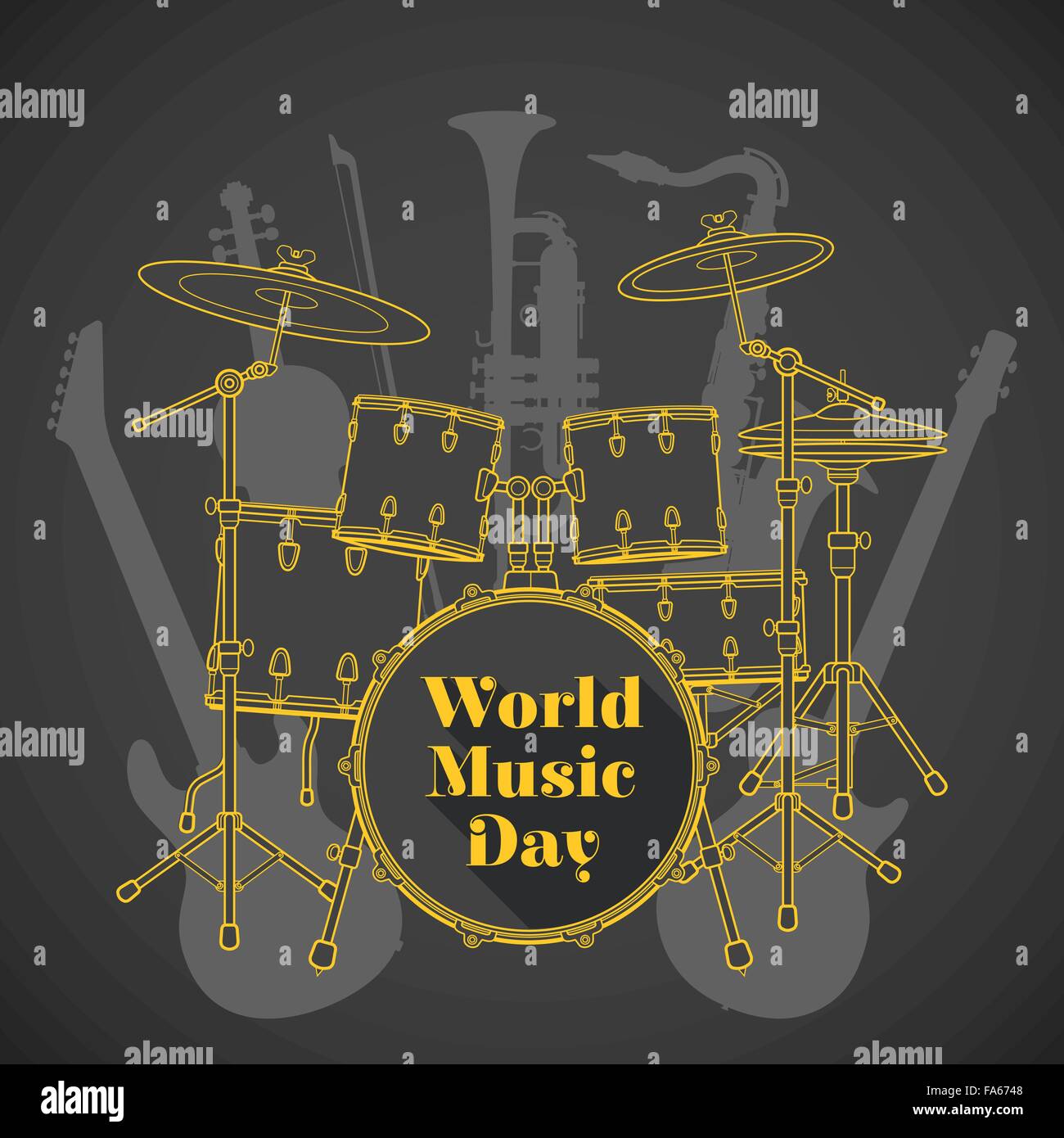 Design plat, vecteur de l'affiche de la fête de la musique du monde jaune illustration drum set electro bass guitars saxophone trompette violon brown backg Illustration de Vecteur