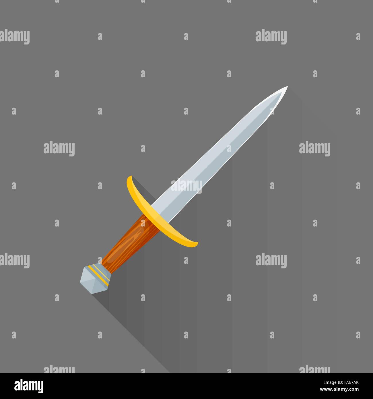 Design plat coloré vecteur metal lame tranchante bataille dagger en bois isolé sur fond gris ombre portée de l'illustration Illustration de Vecteur