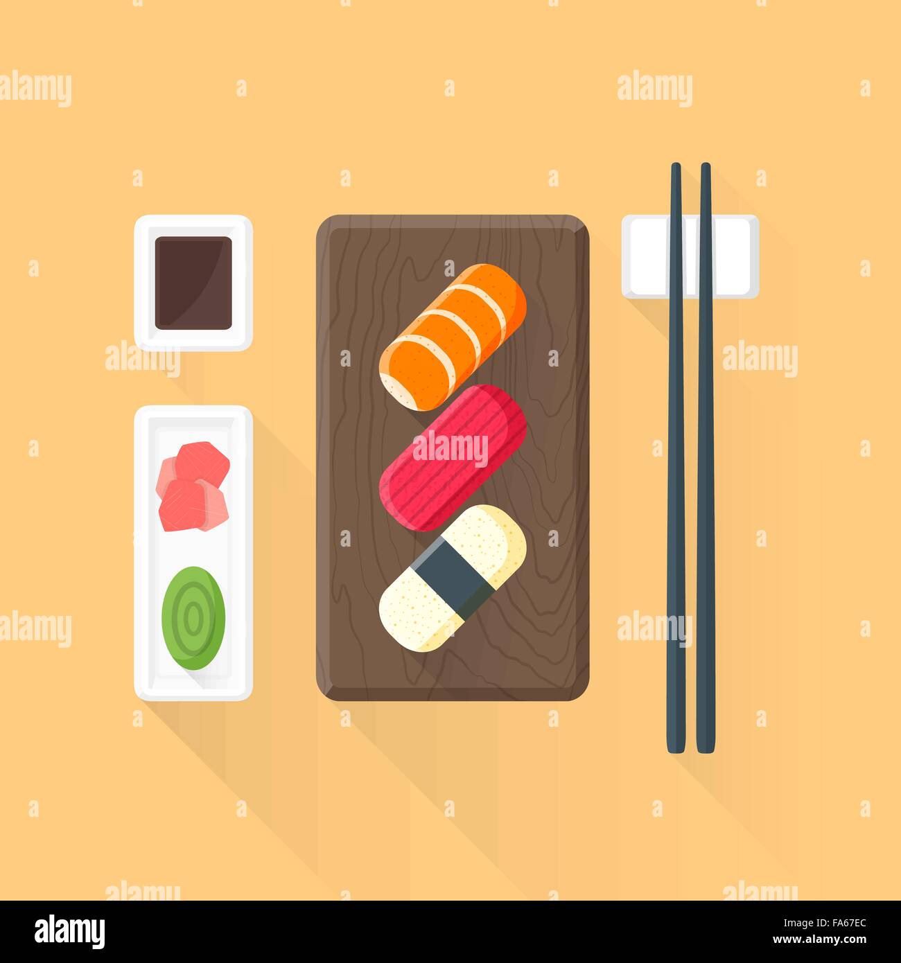 Vector design plat couleur cérémonie japon rouleaux de sushi plaque bois gingembre mariné sauce soja wasabi sticks isolated illustration ligh Illustration de Vecteur