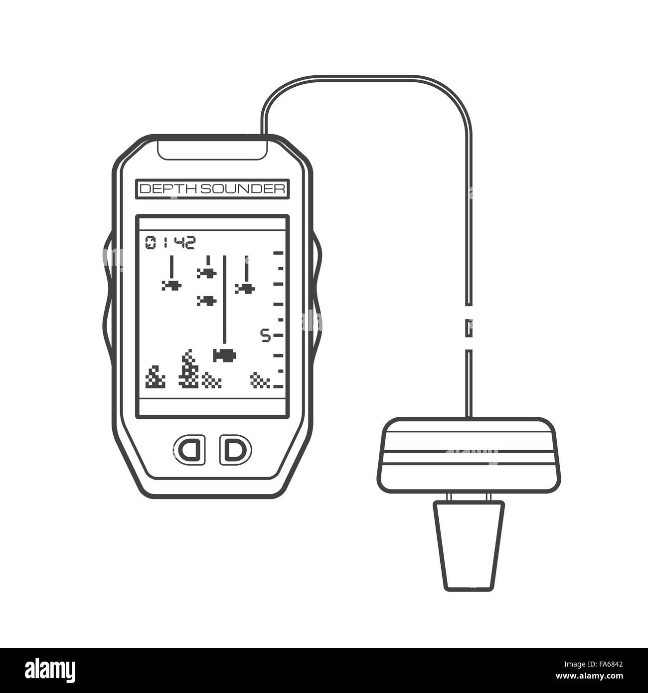 Contour vectoriel pêche sondeur monochrome appareil flotteur cordon contour noir illustration isolé sur fond blanc Illustration de Vecteur