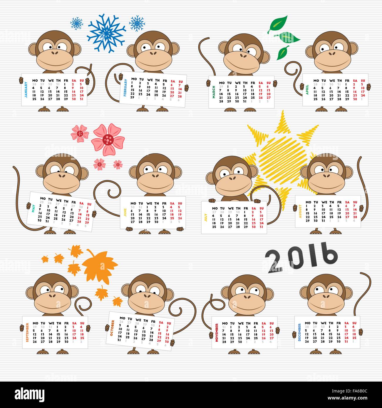 Calendrier 2016 avec le singe mignon pour votre conception. Semaine commence le lundi Illustration de Vecteur