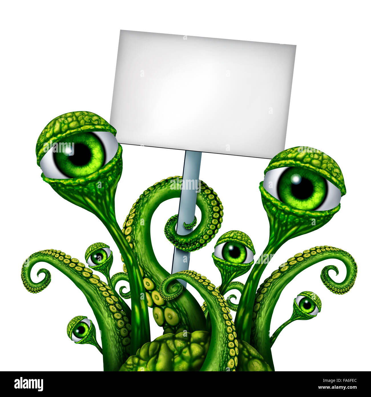 Créature extraterrestre de l'espace ou d'un mutant holding a blank sign comme creepy vert icône OVNI présentant un message comme un symbole de science-fiction fantastique. Banque D'Images