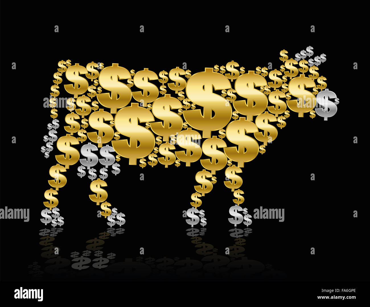 Dollars qui façonnent une vache ou un veau d'or. Banque D'Images