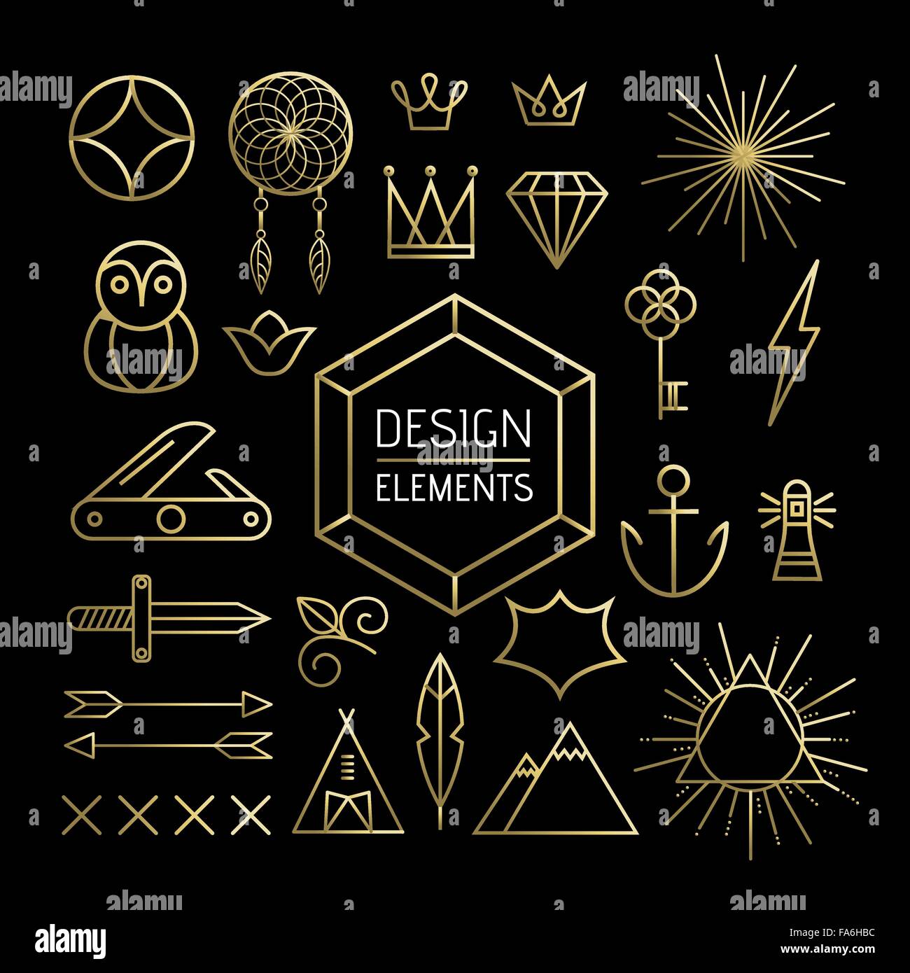 Élément de design créatif dans la collection d'art de la ligne de contour or style. Boho comprend, de la nature, et la géométrie des formes. Vecteur EPS10. Illustration de Vecteur