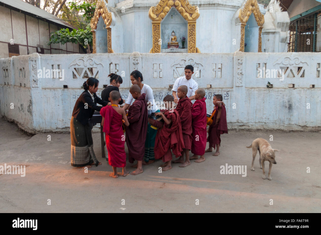 Groupe de jeunes moines bouddhistes recevant des aumônes de l'aumône en ronde Shwe Kyet village encore dans la région de Mandalay, Myanmar. Banque D'Images