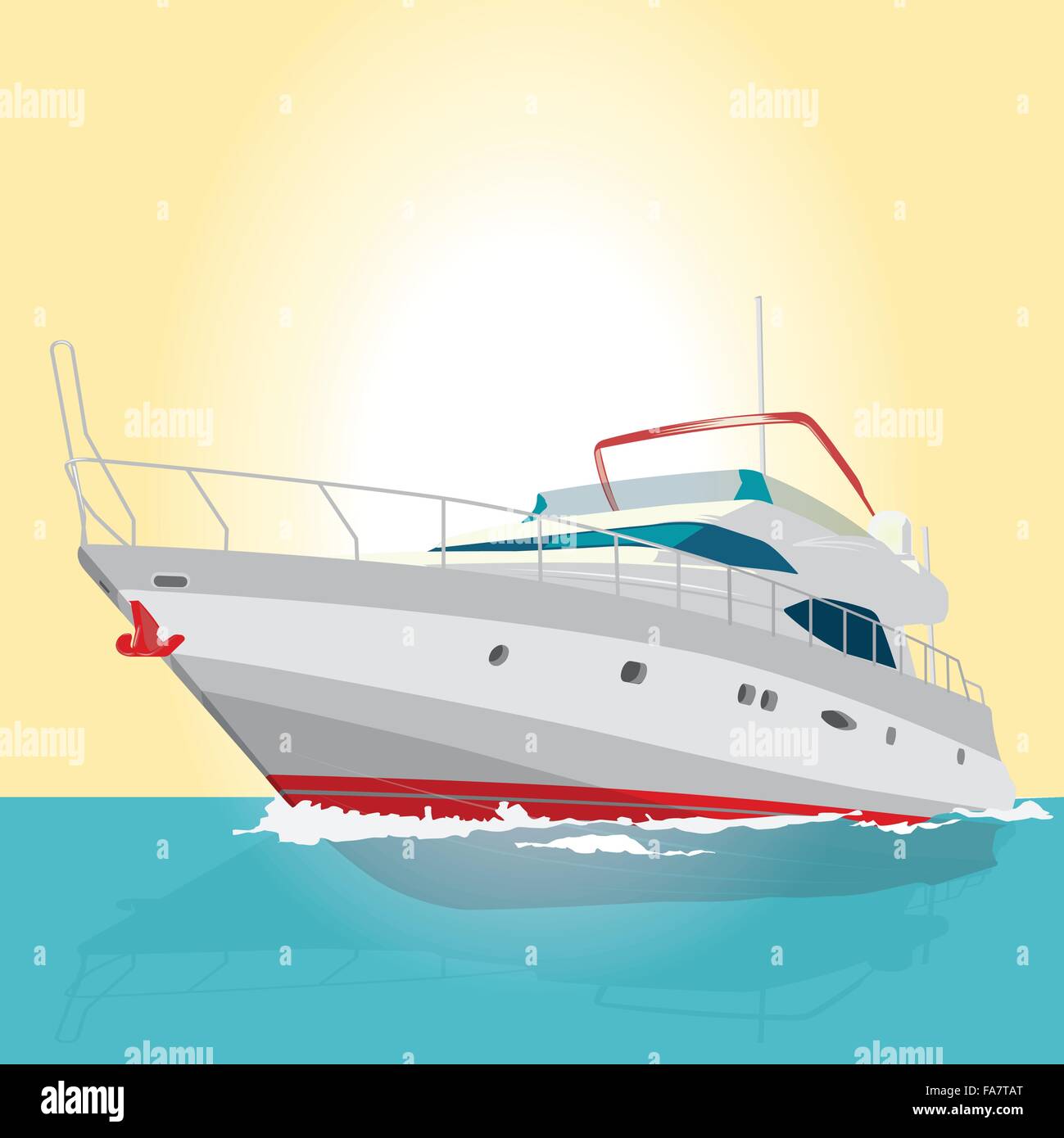 Joli bateau rouge et blanc sur la surface ensoleillée sur un navire de pêche sur l'arrière-plan - aplatir illustration vecteur principal isolé Illustration de Vecteur