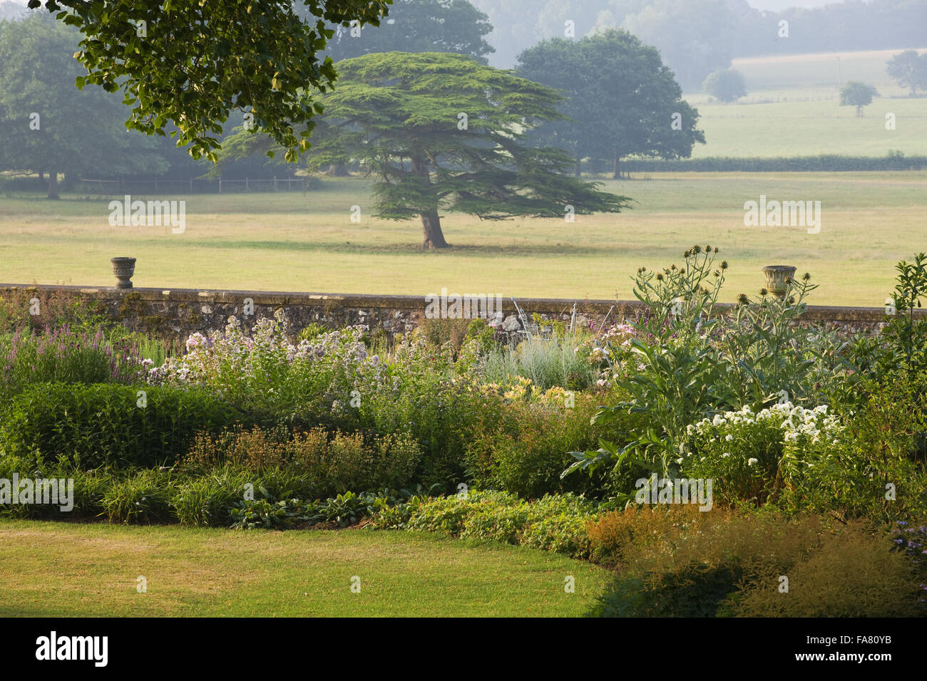 Jardin Terrasse herbacée à Devon, Killerton en juillet montrant le cardon, urnes et de parcs au-delà. La terrasse a été proposé par l'architecte Henry Protheroe en 1900 et achevée à la recommandations de William Robinson en 1905. Banque D'Images