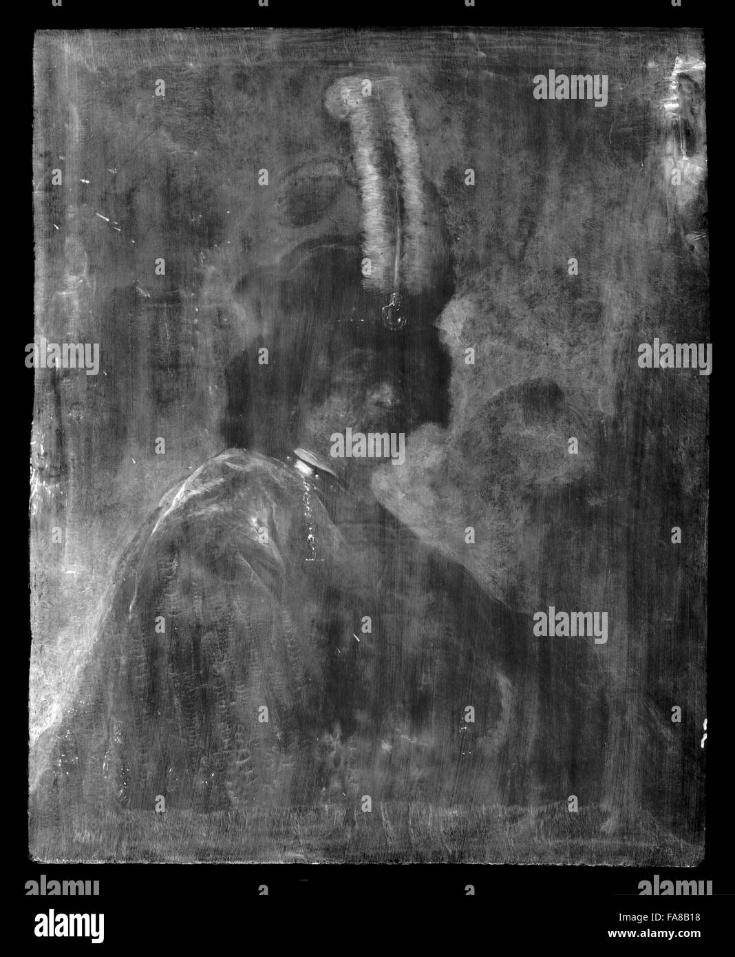 X-Ray de Self Portrait portant un bonnet de plumes blanches, studio de Rembrandt van Rijn (Leyde 1606 - Amsterdam 1669), 1635. Huile sur panneau de bois 959 x 911 mm (37 3/4 x 35 7/8 po). Peinture illustré en octobre 2013, avant l'analyse et de restauration d'être u Banque D'Images