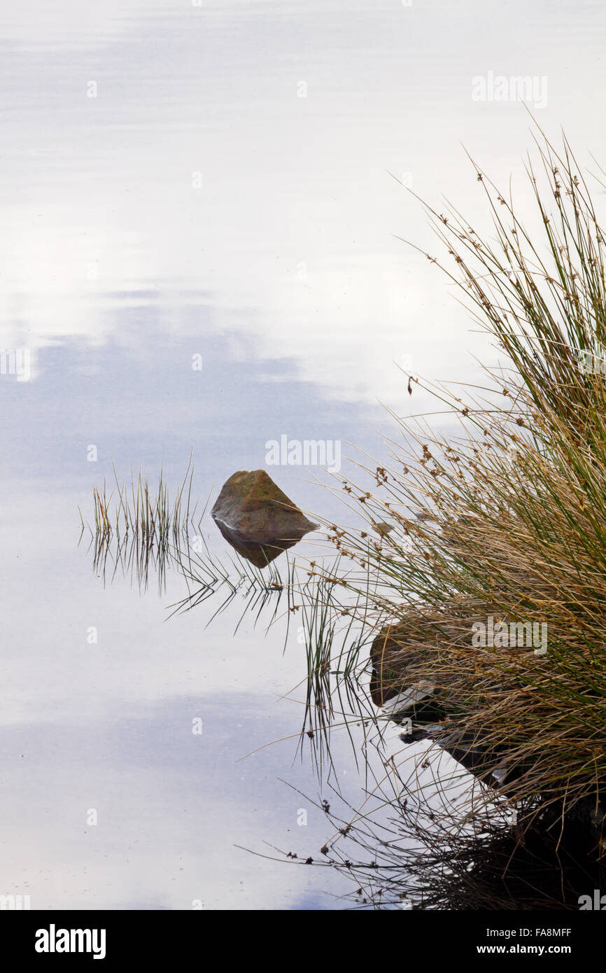 Reflets dans l'eau du réservoir de tête Wessenden sur Marsden Moor Estate, West Yorkshire. Banque D'Images