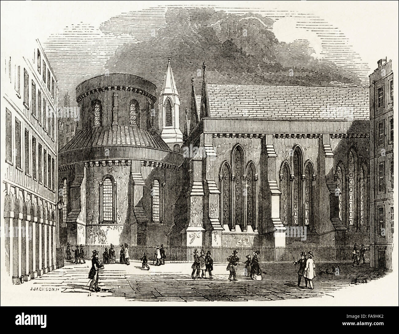 Vue depuis le sud de l'église du Temple à Londres, consacrée en 1185. La gravure sur bois victorien circa 1845. Banque D'Images