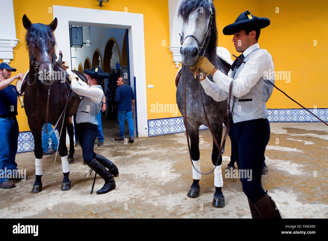 Riders préparer les chevaux pour le spectacle de l'école royale andalouse d'art équestre 'Real Escuela Andaluza Del Arte Ecuestre' Banque D'Images