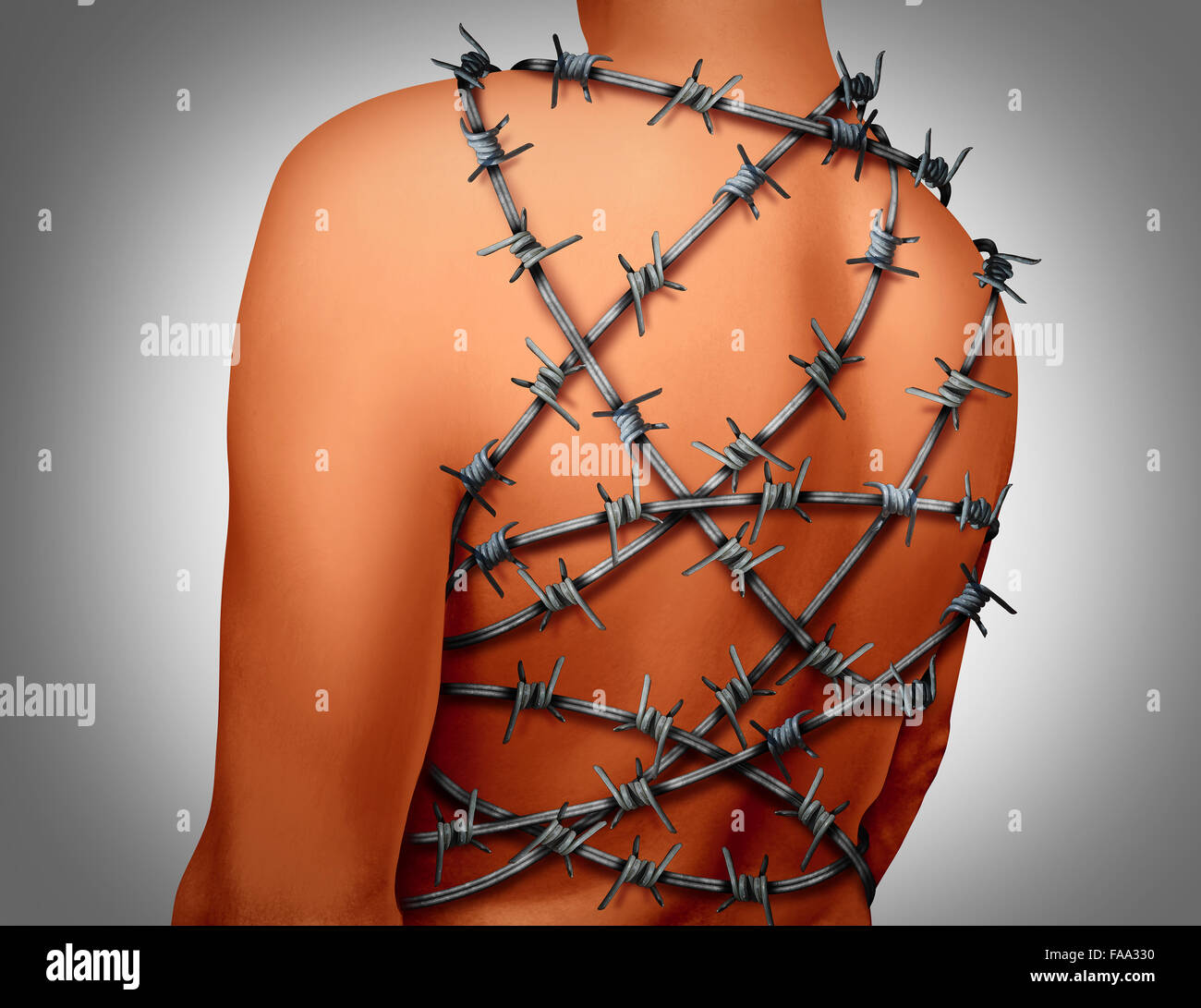Les maux de dos chroniques et les droits de la moelle de dos avec un corps montrant la vertèbre salon enveloppés dans des barbelés ou barb wire comme un concept de soins de santé pour l'arthrite ou de stress et de souffrances pénibles en raison de l'inflammation ou de disque. Banque D'Images