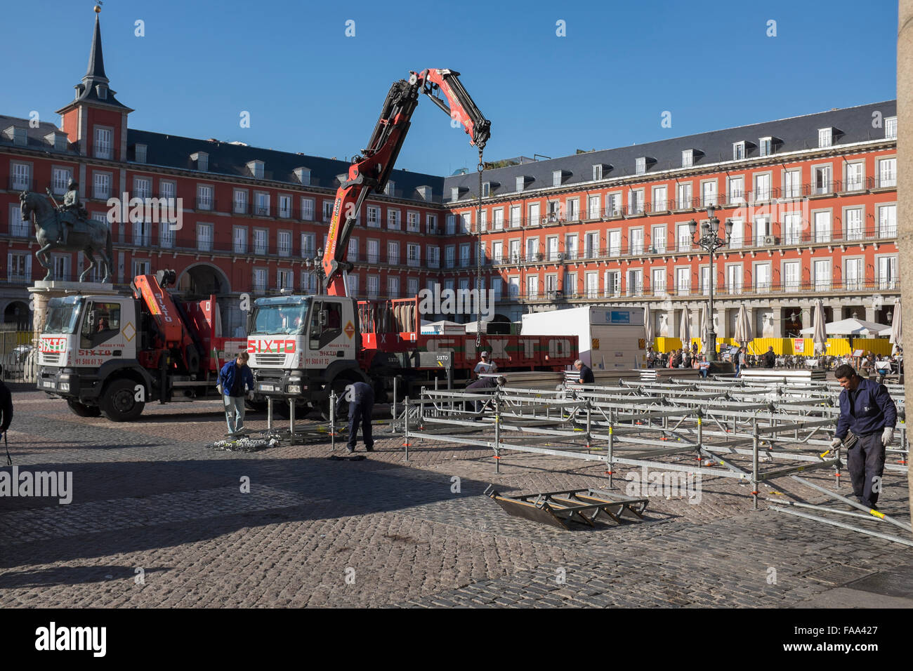 Travaux de construction restauration Plaza Mayor Madrid Espagne Banque D'Images