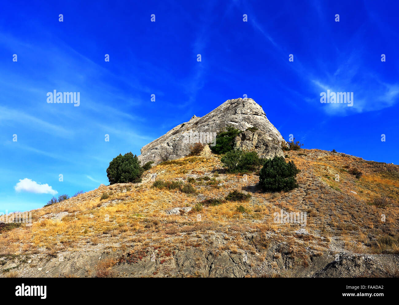 Rock a culminé au sommet d'une colline recouverte d'arbustes Banque D'Images
