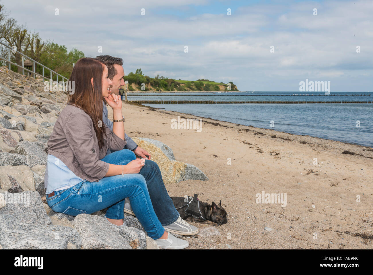 Couple de 25 à 30, l'âge, à la plage avec chien Banque D'Images