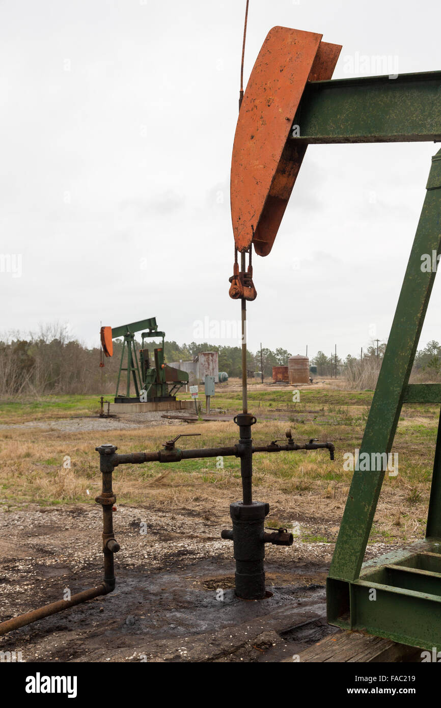 Un pétrole brut pétrole pumpjack tirant hors de la première huile champs dans Evangeline, Louisiane. Les champs de pétrole ont été les premiers puits en Louisiane. Banque D'Images