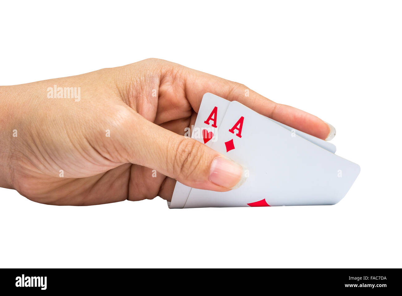 Cartes à jouer dans la main isolé sur fond blanc Banque D'Images
