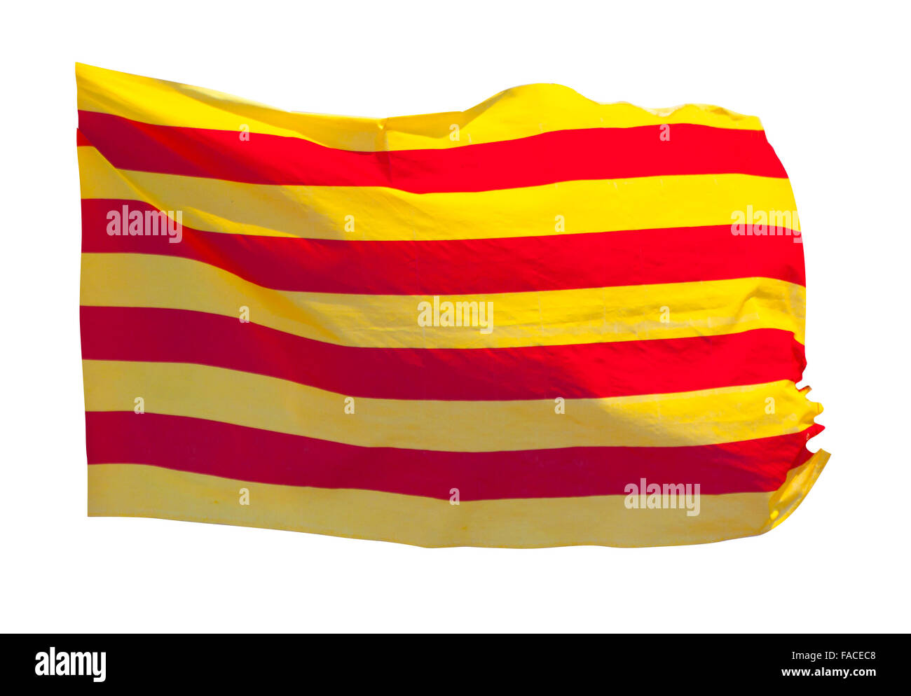 Drapeau de la Catalogne en vol. Plus isolé sur fond blanc Banque D'Images