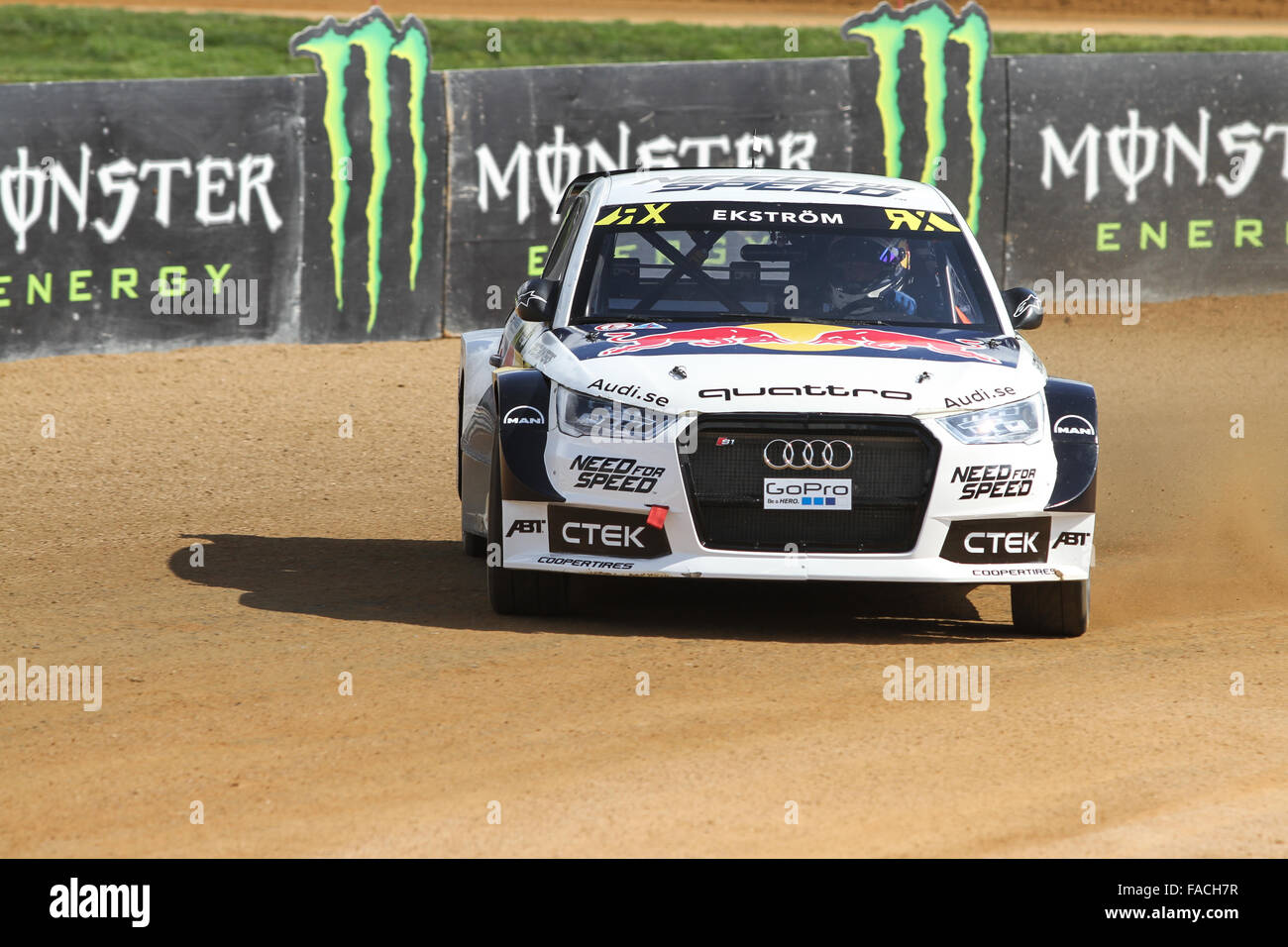 Mattias Ekstrom durs Audi S1 de l'équipe d'EKS dans du Monde FIA Rallycross Championship. Banque D'Images