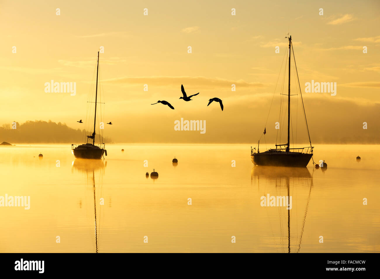 Le lever du soleil sur des bateaux à voile sur le lac Windermere à Ambleside, Lake District, UK. Banque D'Images