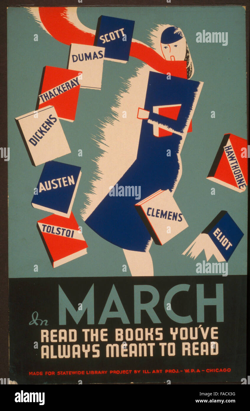 Projets de travail de l'Administration (WPA) poster pour la lecture et les bibliothèques produites entre 1936 et 1943. (Bibliothèque du Congrès) Banque D'Images