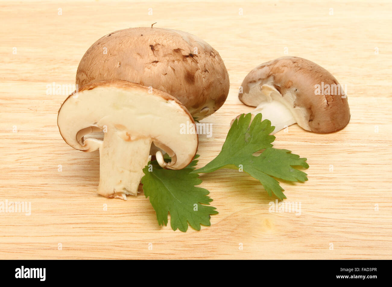 Ensemble et champignons tranchés avec la coriandre sur une planche en bois Banque D'Images