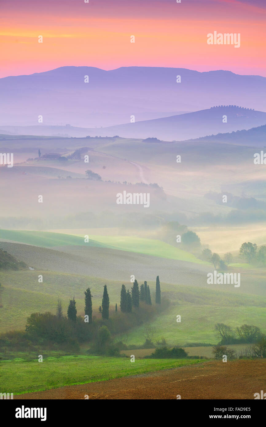 Val d'Orcia à l'aube, Toscane, Italie Banque D'Images