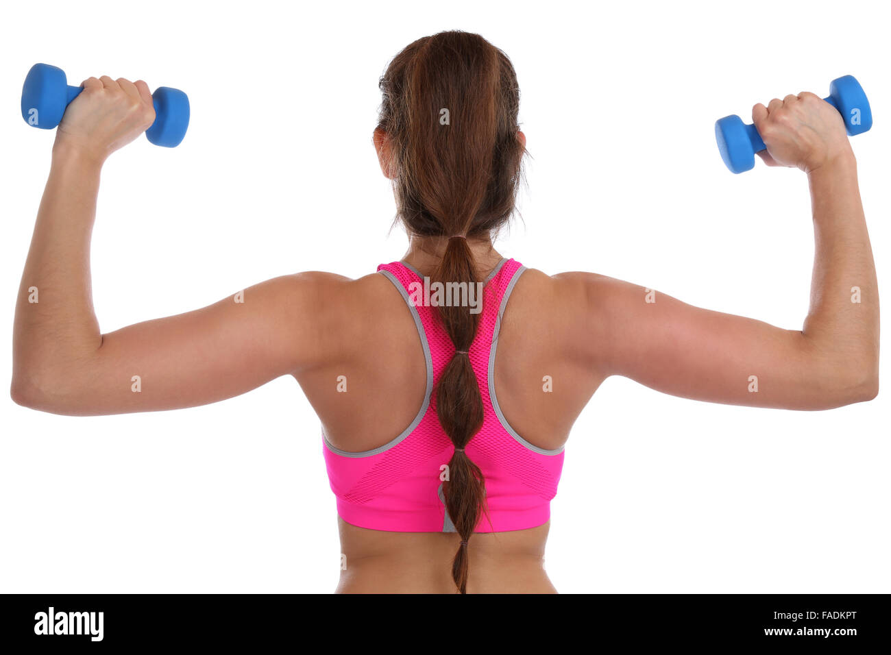 Exercice d'entraînement de fitness femme sports à épaulement arrière avec haltères isolé sur fond blanc Banque D'Images