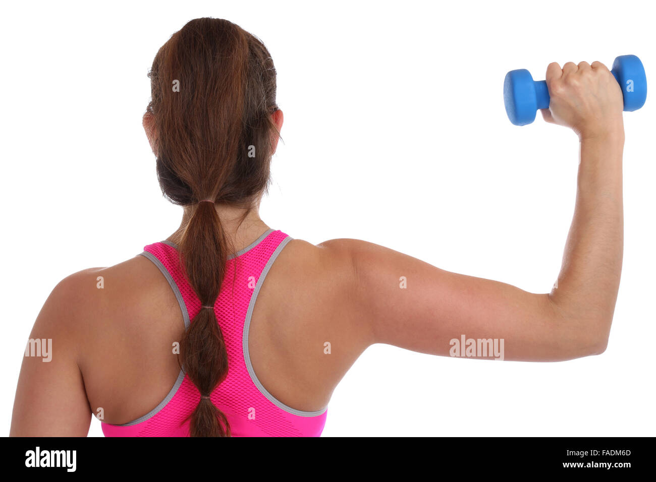 Exercice d'entraînement de fitness femme Vue de dos épaule sport avec haltères isolé sur fond blanc Banque D'Images