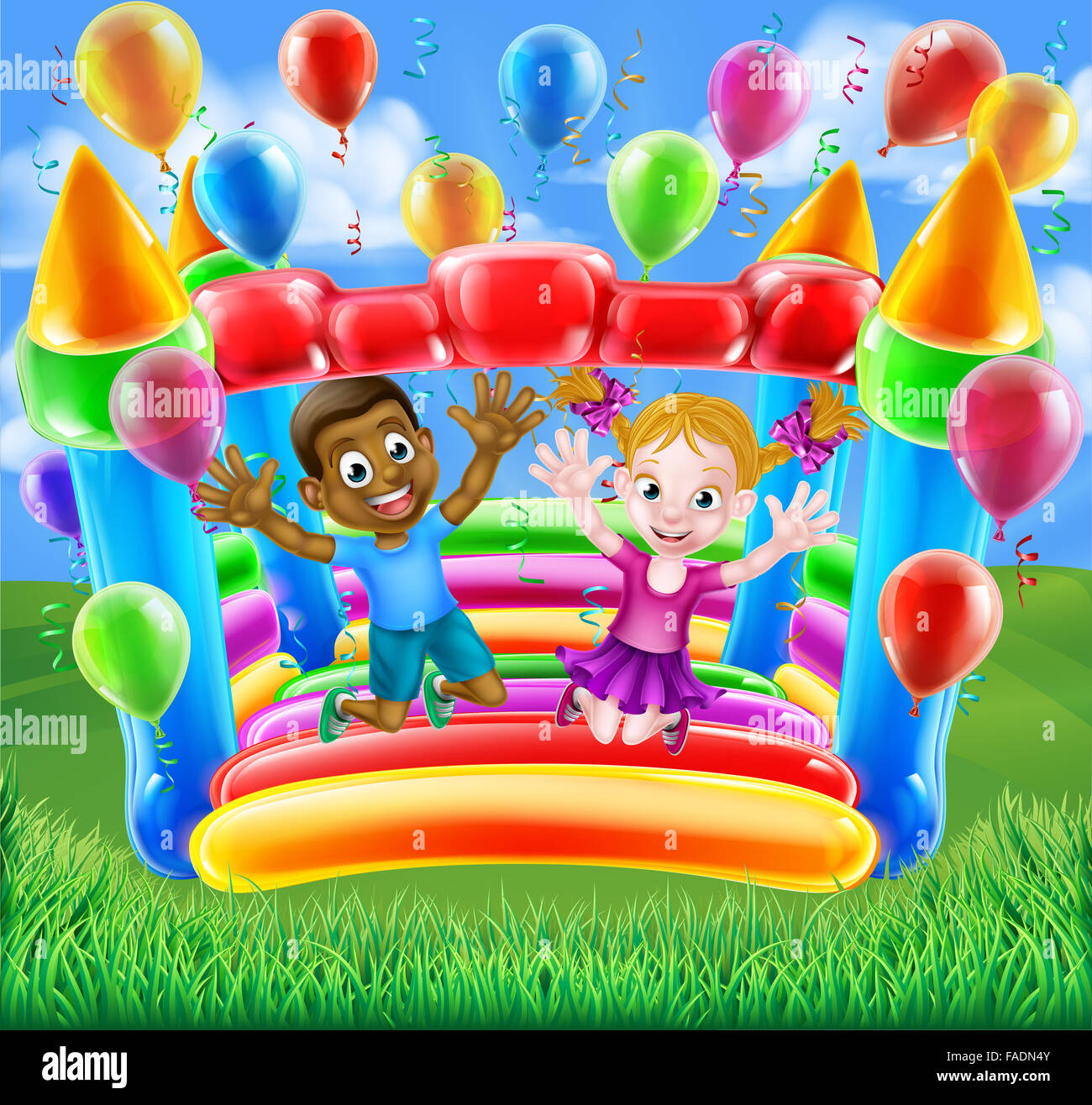 Deux enfants s'amusant à sauter sur un château gonflable maison avec des ballons et des serpentins Banque D'Images