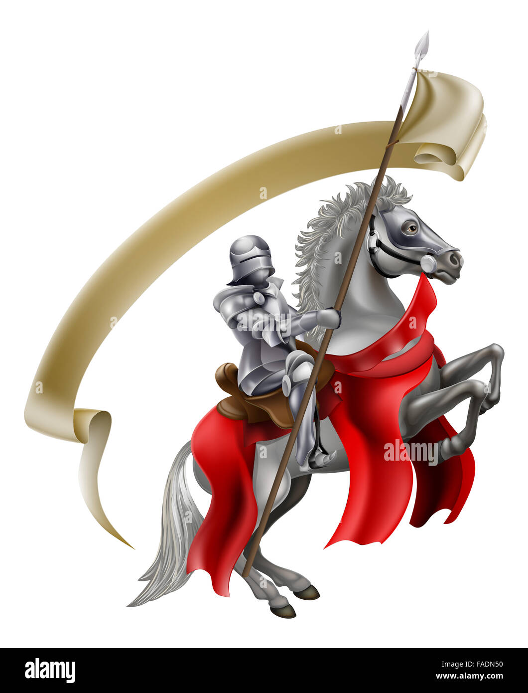 Un chevalier en armure médiévale sur le dos d'un cheval blanc d'élevage  tenant une lance d'un drapeau Photo Stock - Alamy