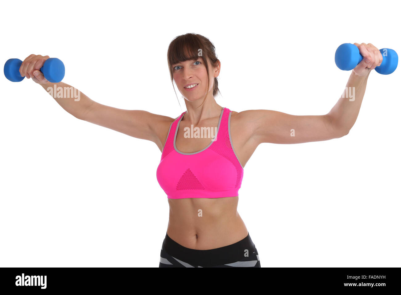 Fitness workout young woman holding haltères exercice épaulement arrière isolé sur fond blanc Banque D'Images