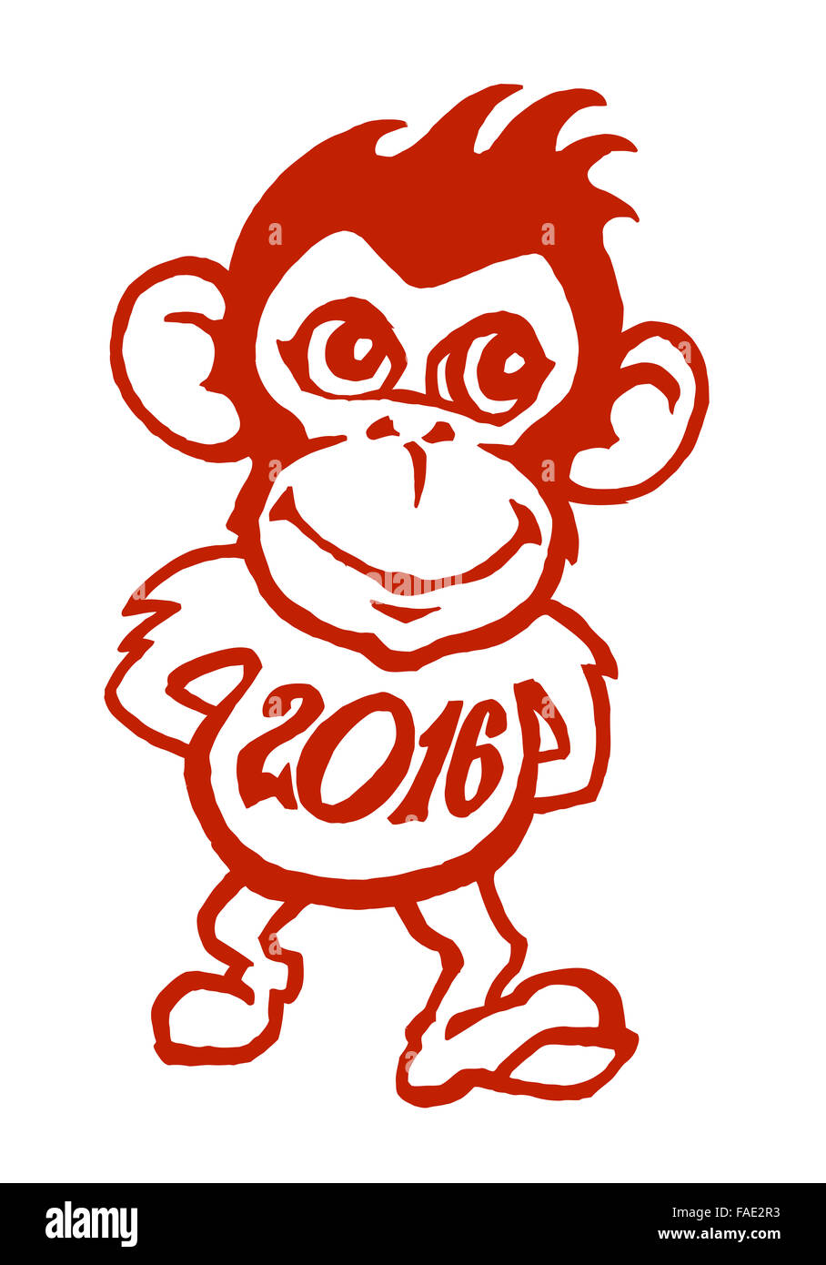 Funny red monkey de sourire et de marcher avec l'année 2016 shirt Banque D'Images