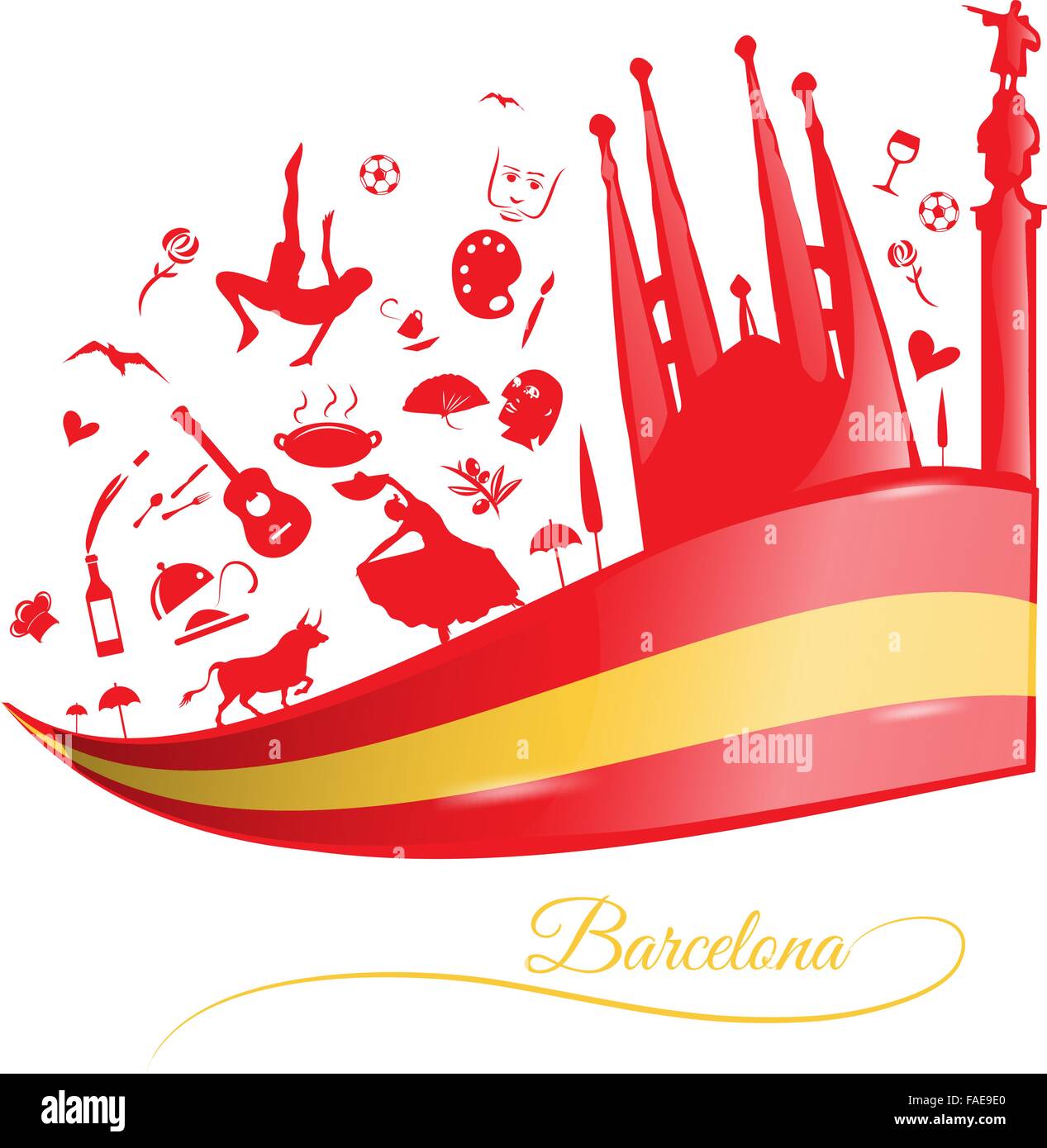 Arrière-plan de Barcelone avec un drapeau et un jeu de symboles Illustration de Vecteur