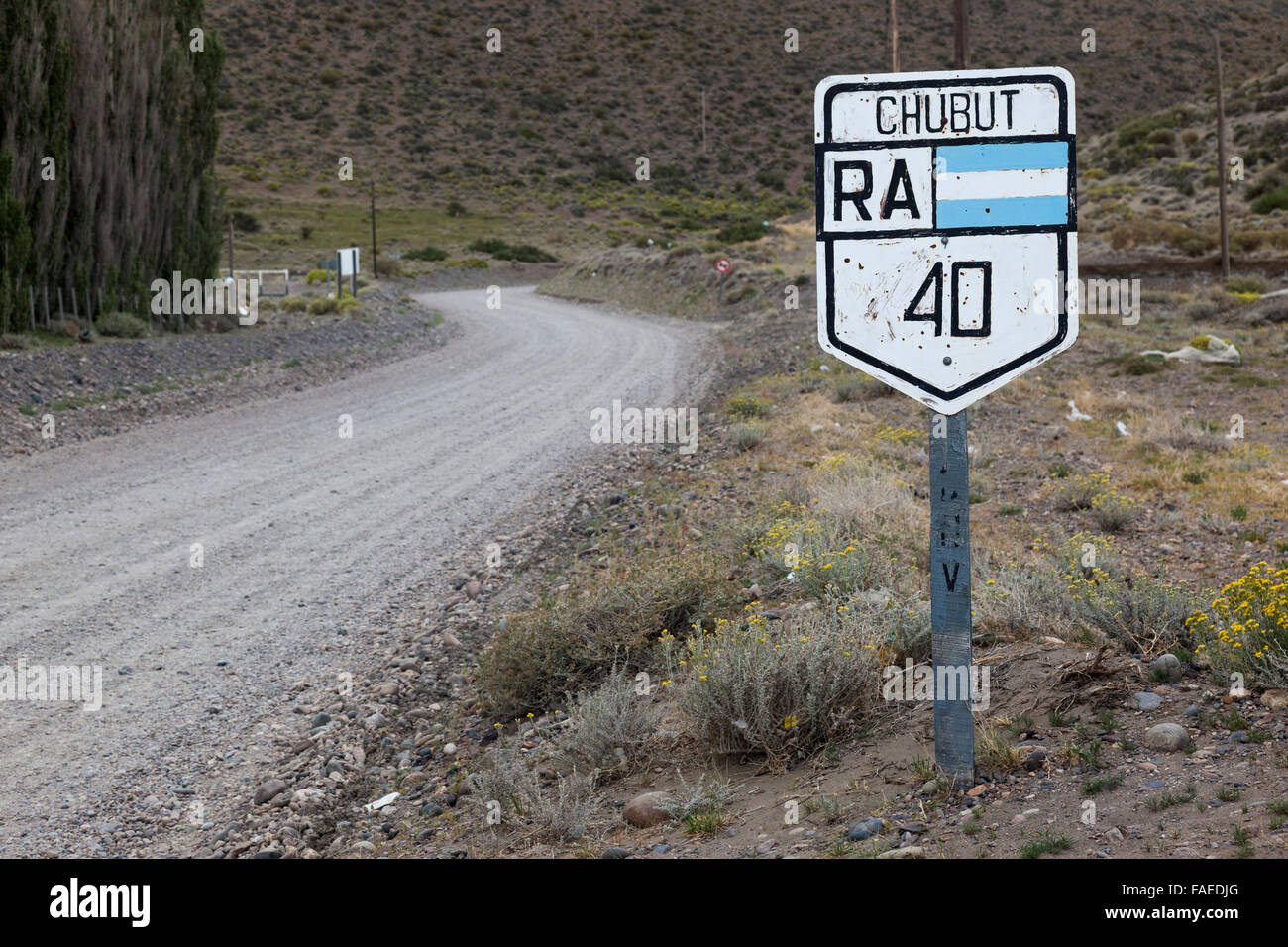 Signalisation routière pour Ruta Nacional no 40 ou Ruta 40, route nationale à Chubut, Argentine, Amérique du Sud Banque D'Images