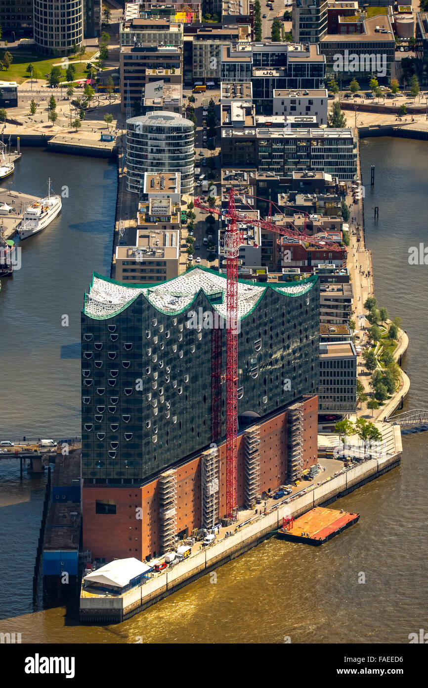 Vue aérienne, avec Elbphilharmonie HafenCity, construction du toit de l'Elbe Philharmonic Hall, quartier des entrepôts de Speicherstadt, Banque D'Images