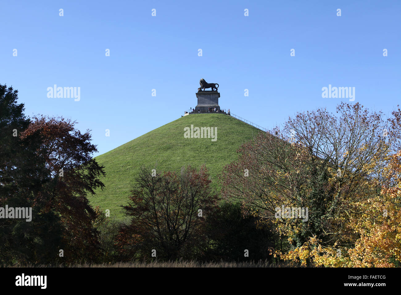 La statue d'un lion sur le dessus de la Butte du Lion construite sur le champ de bataille de Waterloo. Banque D'Images