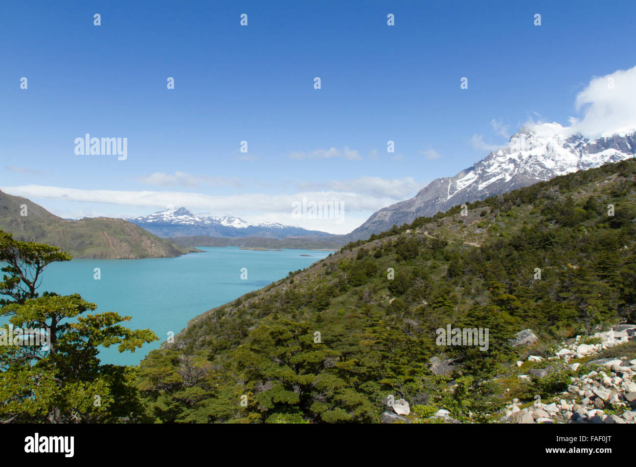 Lac alpin à pied de Los Cuernos dans le Parc National des Torres del Paine, en Patagonie, au Chili. Banque D'Images
