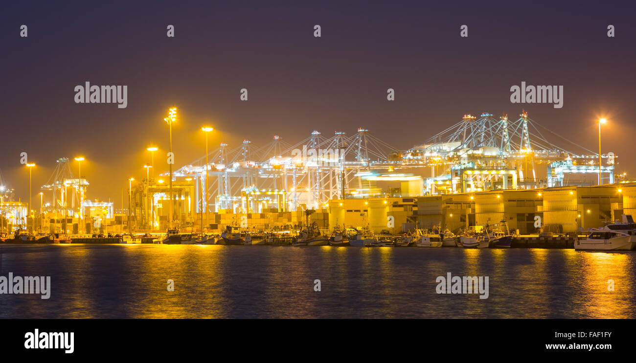 Vue de nuit sur les grues et les conteneurs dans le port du fret. Algeciras, Espagne Banque D'Images