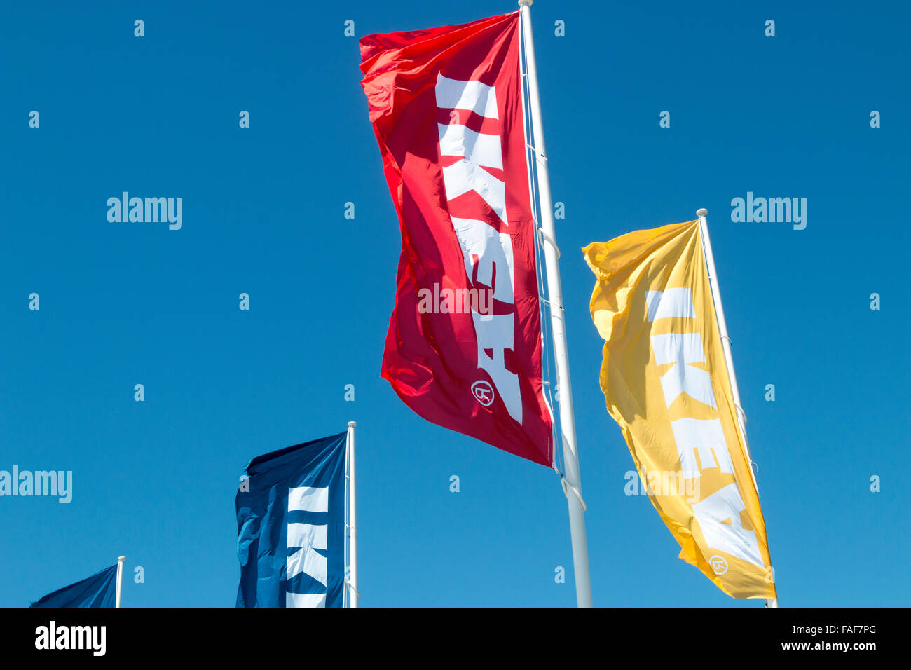 Drapeaux bannières à magasin de meubles IKEA à Rhodes shopping centre à Sydney, Nouvelle-Galles du Sud, Australie Banque D'Images