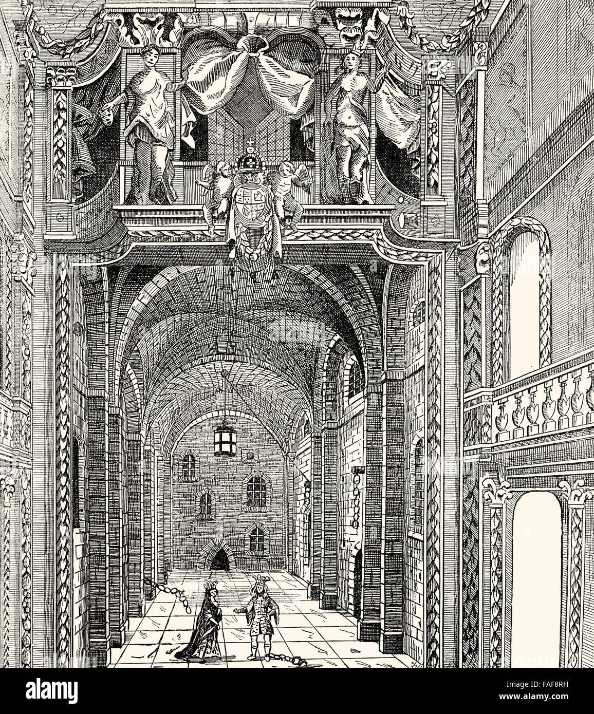 Intérieur de la Duke's Theatre, 17e siècle, Londres, l'Impératrice du Maroc, 1673 Banque D'Images
