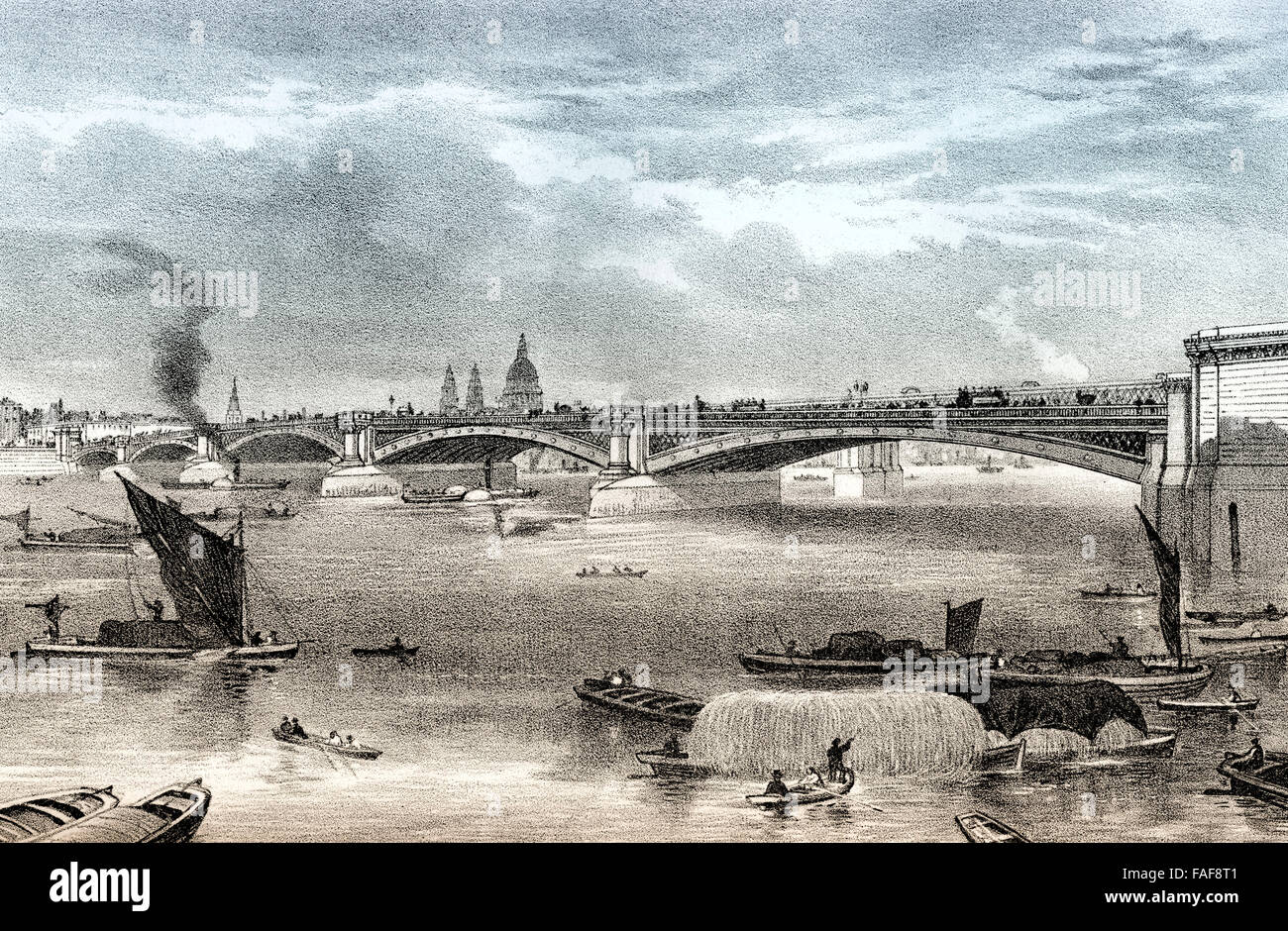 Blackfriars Bridge, une route et trafic de pied pont sur la Tamise à Londres, 19e siècle, Banque D'Images